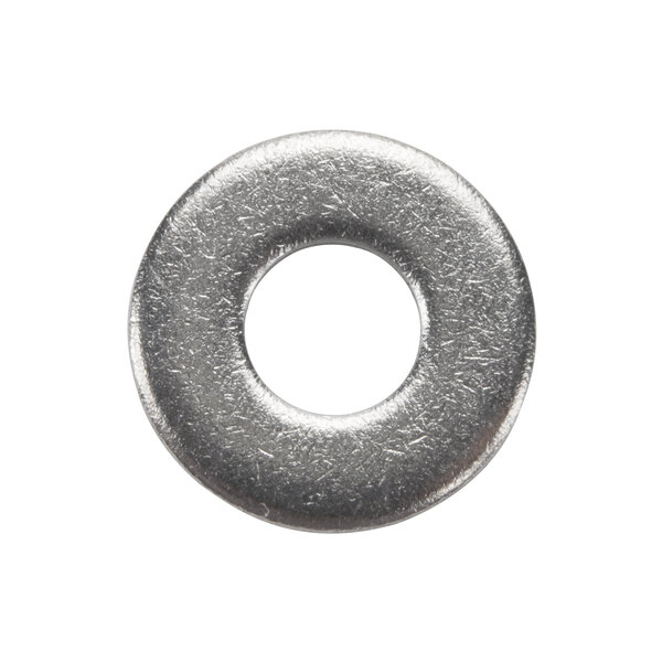 A close-up of a silver metal washer.