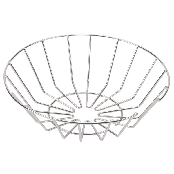 A wire funnel basket with a metal handle.