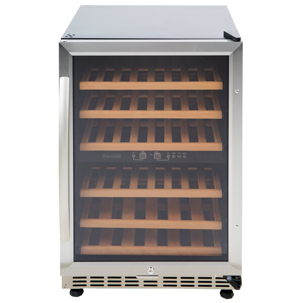 A Eurodib wine refrigerator with a full glass door and wood shelves.