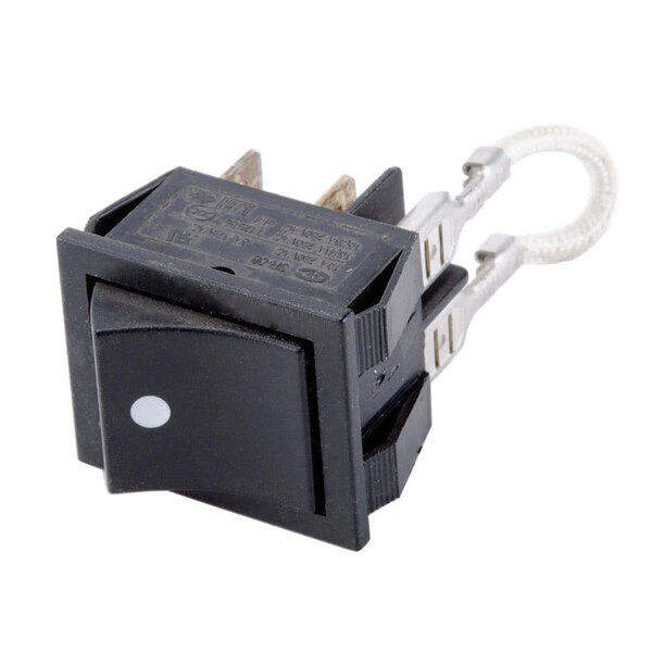 A black rocker switch with a white dot on the side.