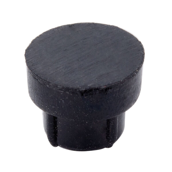 A black round plug with a knob on a white background.