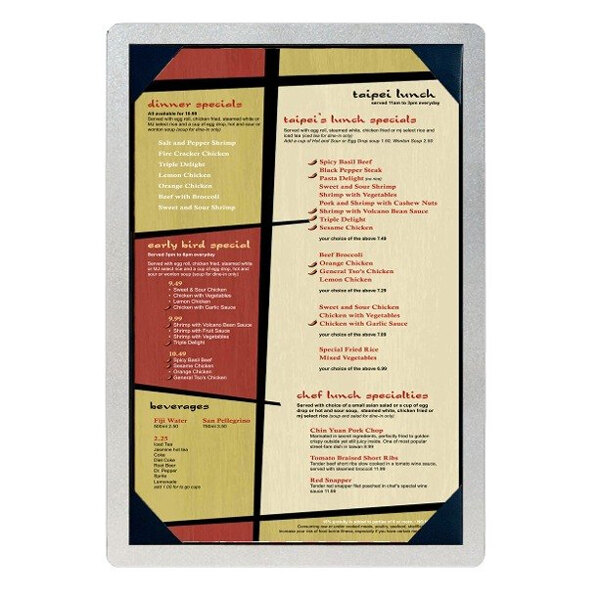 A Menu Solutions brushed aluminum menu board with a picture corner holding a business card with a colorful design.