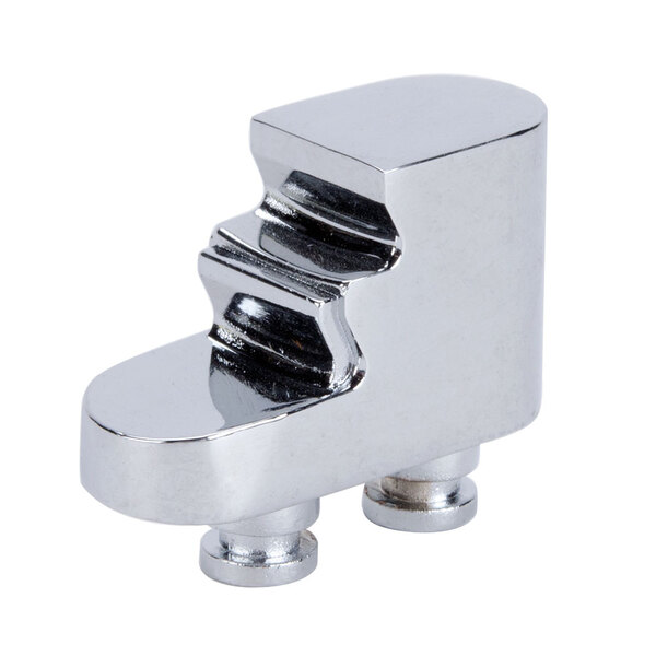 A chrome plated metal cup support with two holes.