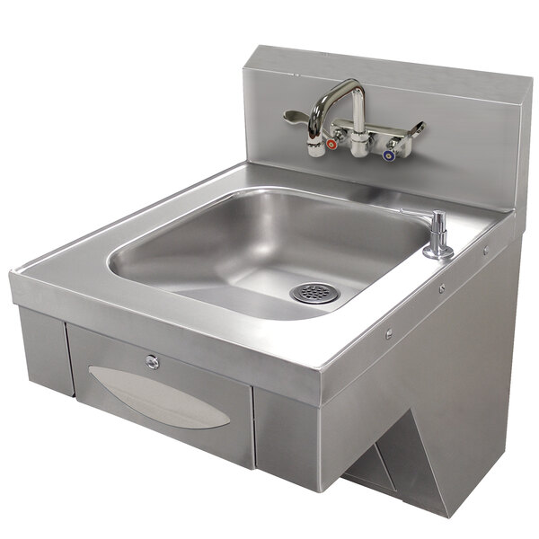 A stainless steel Advance Tabco hand sink with a splash mount faucet.