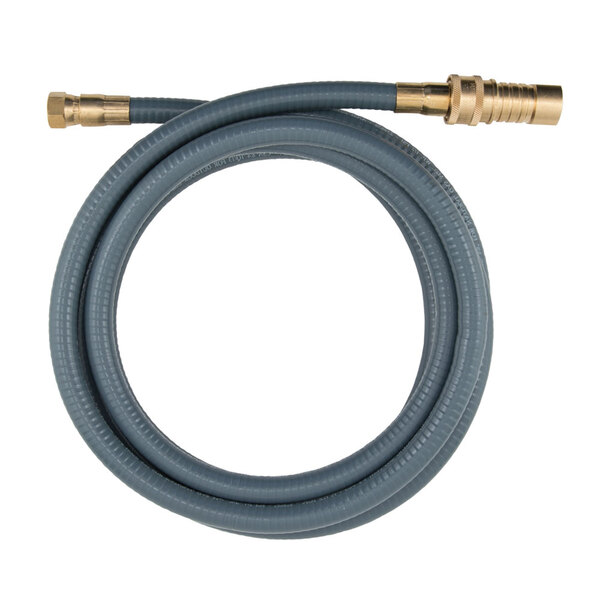 A grey Dormont gas hose with brass fittings.
