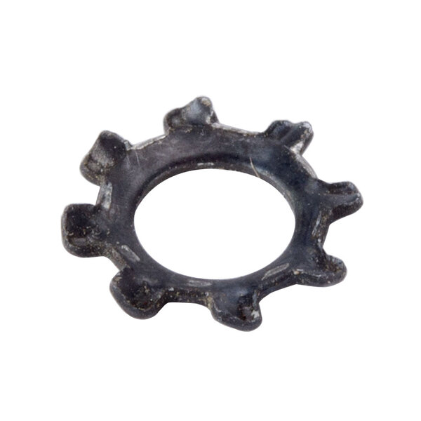 A close-up of a black metal Waring ground lock washer with holes.