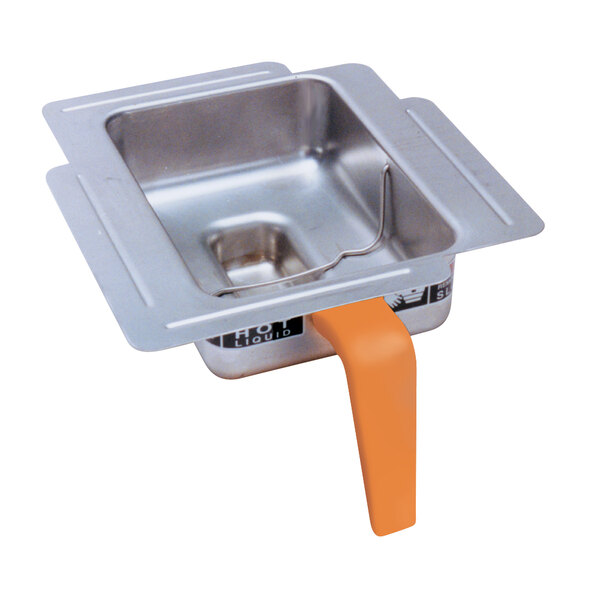 A stainless steel funnel with an orange handle.