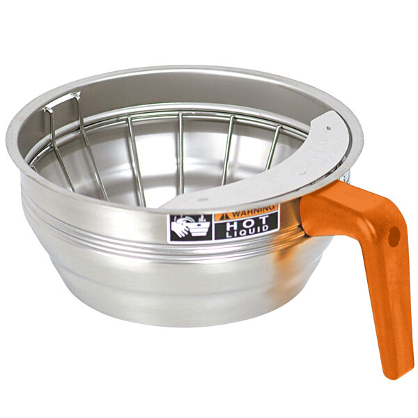 A stainless steel Bunn funnel assembly with orange handle.