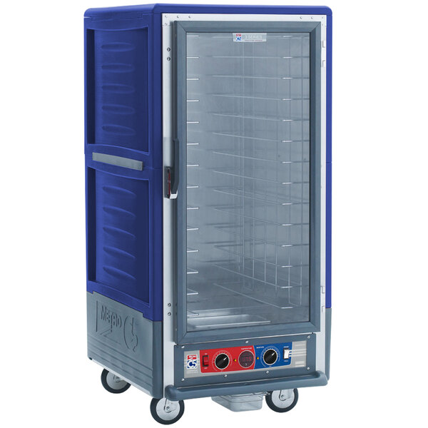 A blue and silver Metro C5 series heated holding and proofing cabinet with clear door.