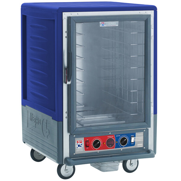A blue and silver commercial holding and proofing cabinet with a clear door.