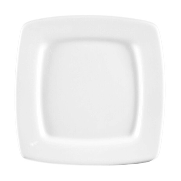 A bright white square plate with a square edge and white border.