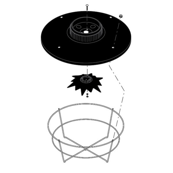 A diagram of a black plastic funnel cover with a circular object and a screw.