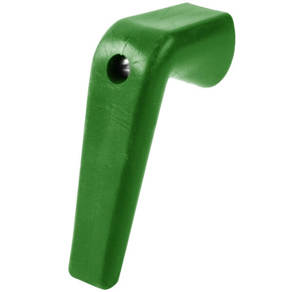 A green plastic Bunn funnel handle with a hole in it.