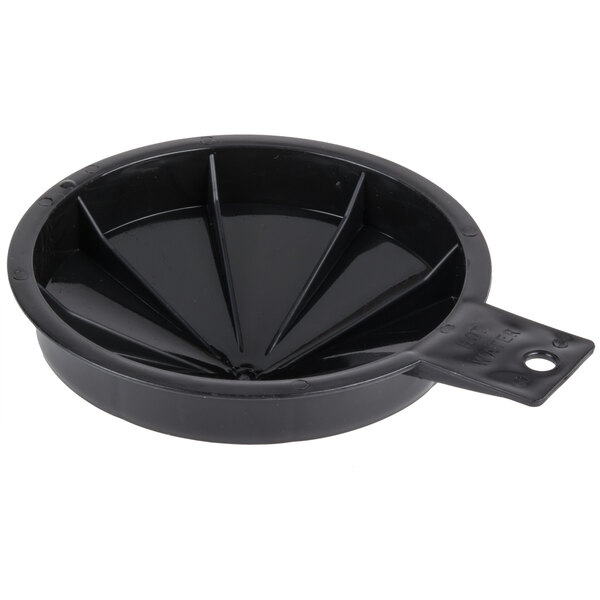A black plastic bowl with a handle.