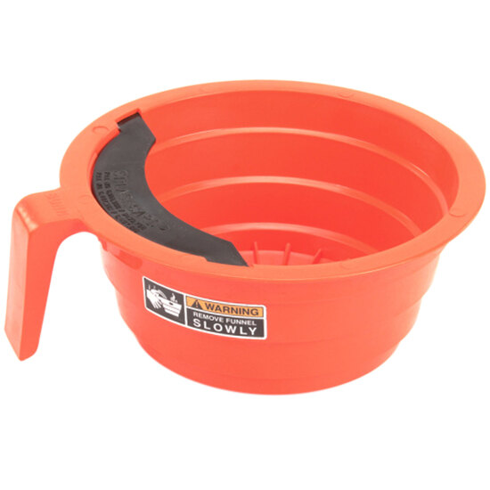 An orange plastic funnel with decals for Bunn coffee brewers.
