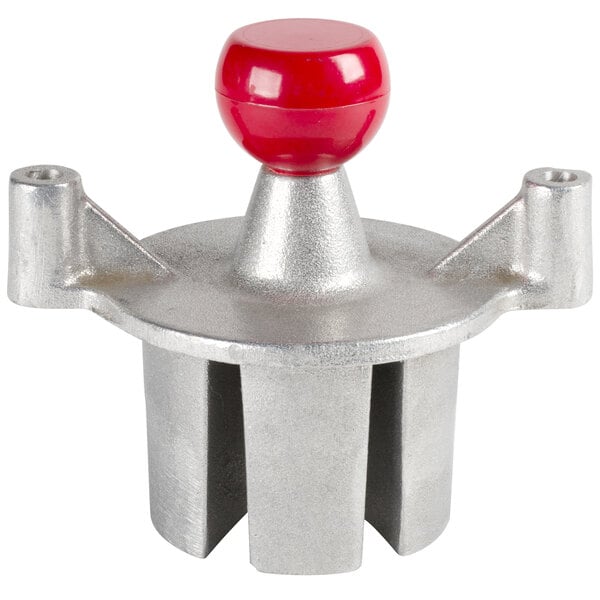A silver metal Vollrath 6 section core head push block assembly with a red knob on top.