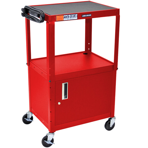 A red metal Luxor AV cart with wheels.