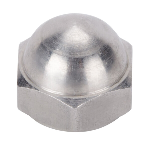 A close-up of a stainless steel nut.