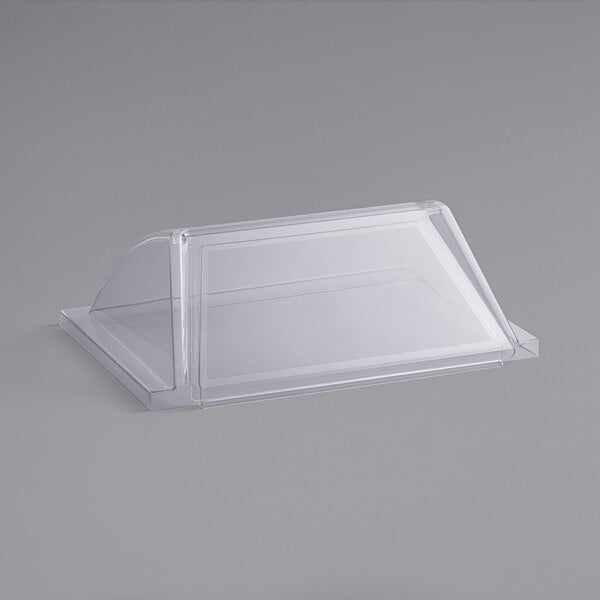 An Avantco hot dog roller grill sneeze guard, a clear plastic container with a clear plastic lid.