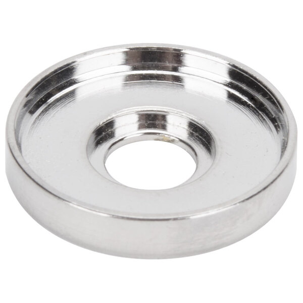 A silver stainless steel round magnet with a hole in it.