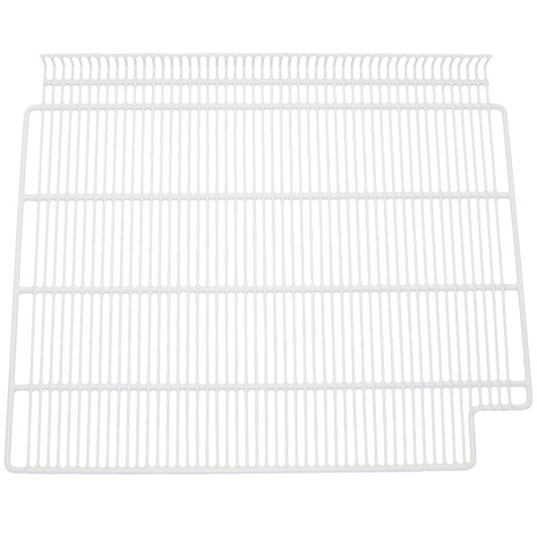 A white coated wire shelf with white lines in a grid pattern.
