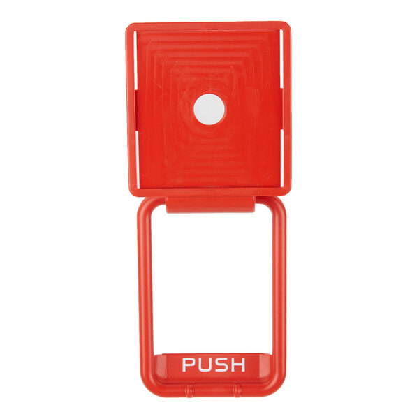 A red plastic push button with a white circle and text reading "push" in the middle.