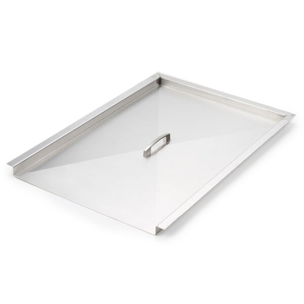 A silver rectangular metal lid with a silver handle.