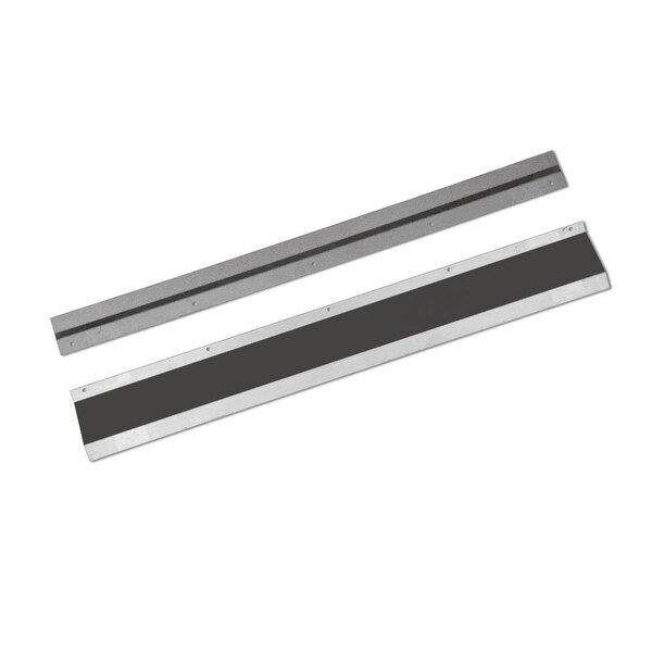 A pair of silver metal plates with black metal strips.