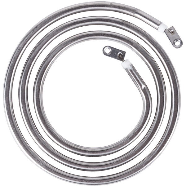 A stainless steel spiral heating element with two wires.