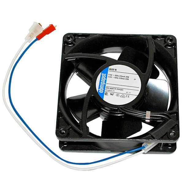 A black Cecilware fan motor with blue and white wires.