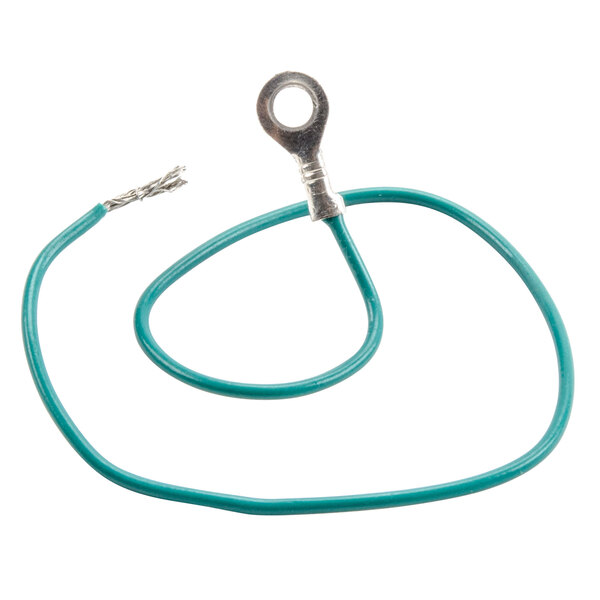 A green electrical lead with a metal ring.