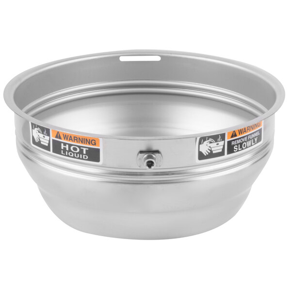 A stainless steel Bunn funnel with orange decals.