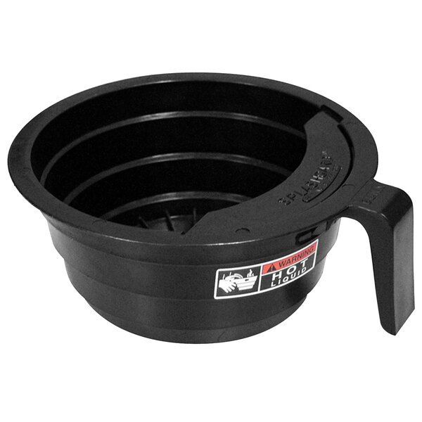 A black plastic funnel assembly with a red handle.