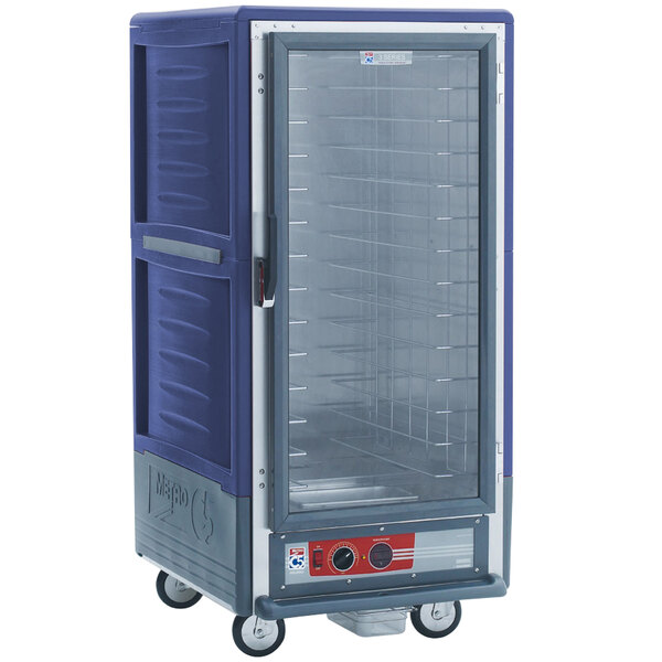 A blue Metro C5 heated holding cabinet with clear door.