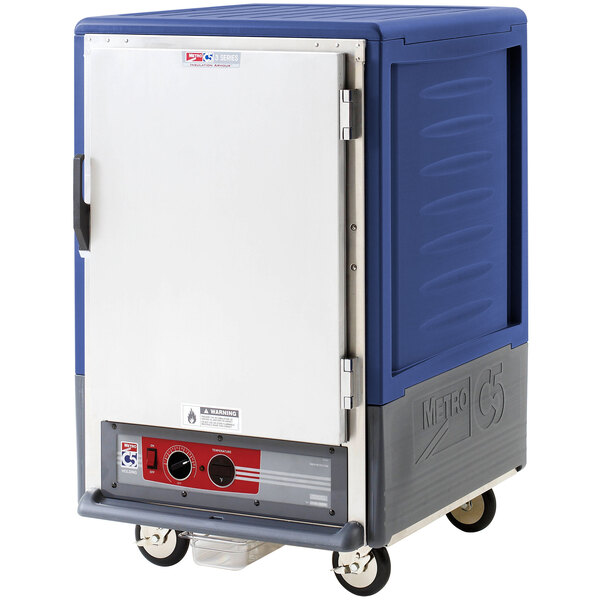 A blue Metro C5 heated holding cabinet with a solid door.