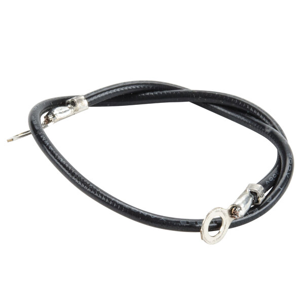 A black and silver cable with a black lead.