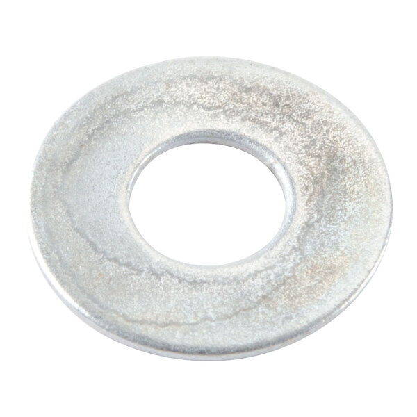 A close-up of a silver washer on a white background.
