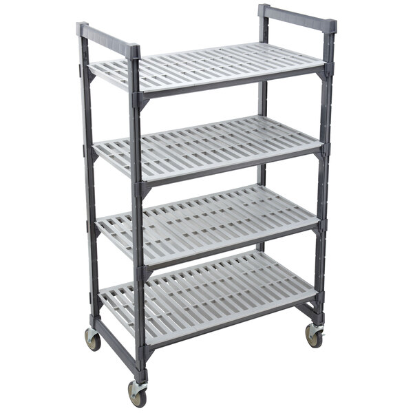 A grey plastic Cambro Camshelving Elements Premium mobile shelving unit with 4 shelves on wheels.
