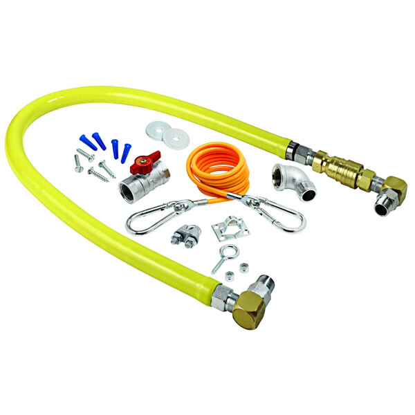 A yellow T&S Safe-T-Link gas hose with connectors and installation parts.