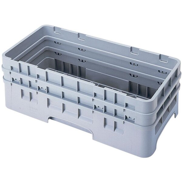 A gray plastic Cambro dish rack with holes and extenders.