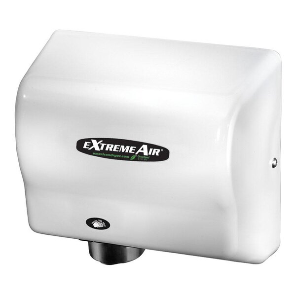 An American Dryer white rectangular hand dryer with black ExtremeAir text.