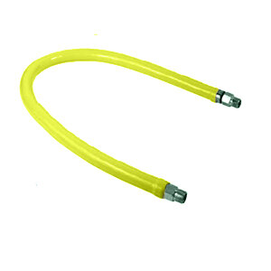 A yellow flexible tube with silver metal ends.