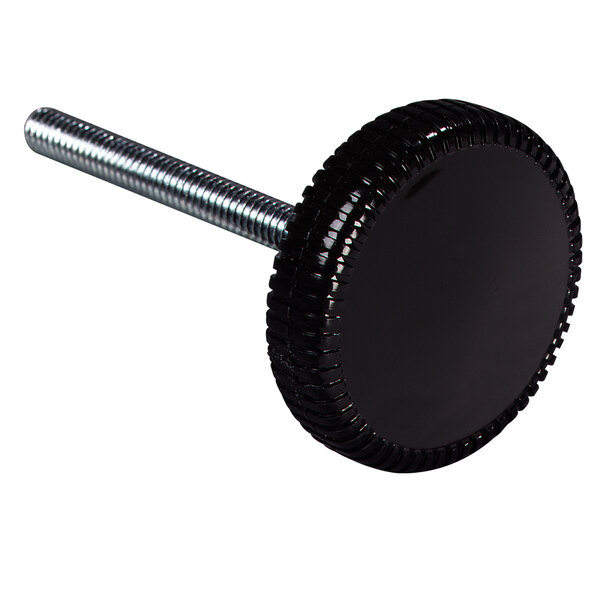 A black round plastic knob with a long screw.