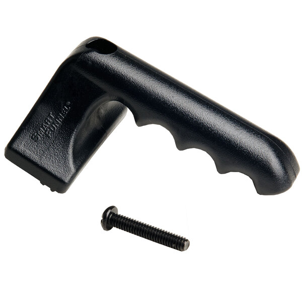 A black plastic Bunn funnel handle with a screw.
