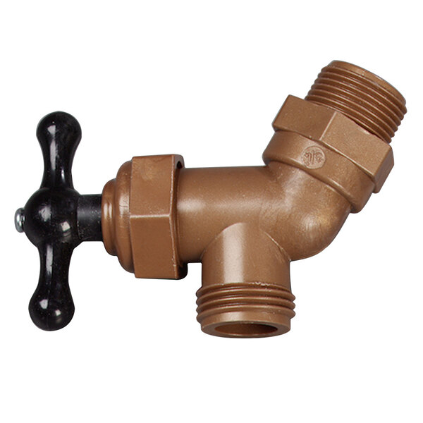 A brown plastic Carlisle faucet with a black handle.