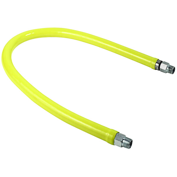 A yellow flexible hose with silver metal fittings.