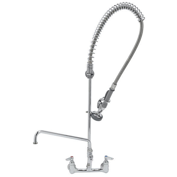 A T&S chrome pre-rinse faucet with a metal hose.