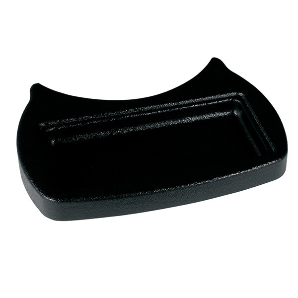 A black plastic drip tray with a curved edge and a handle.
