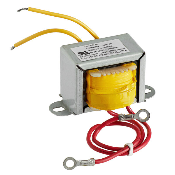 A Waring transformer with yellow and white material and red wires.