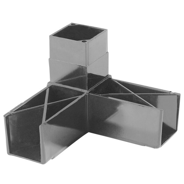 A gray metal 3 prong corner block with two holes.